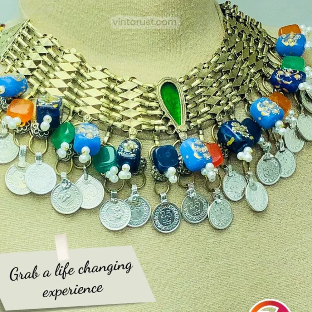 Vintage Kuchi Choker: Coin & Multicolor Glass Stone Necklace - Picture 8 of 9